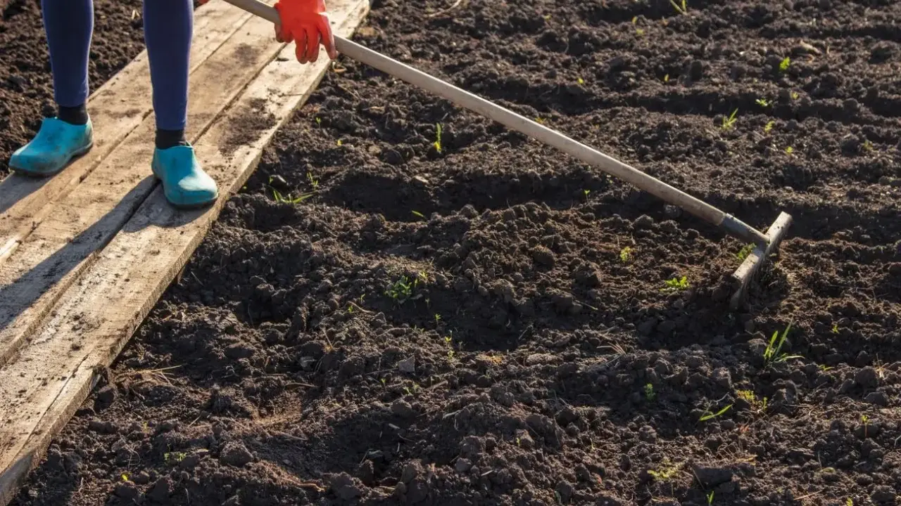 Osoba w pomarańczowych rękawiczkach i niebieskich kaloszach grabi ziemię, przygotowując ją do sadzenia. To pierwszy krok, by dowiedzieć się, jak odkwasić glebę.