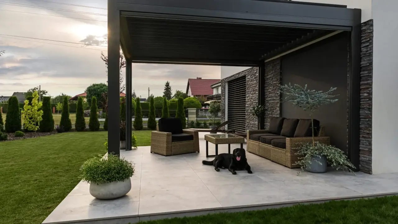Nowoczesna pergola z zacienieniem, meble wypoczynkowe i pies. Idealne miejsce do relaksu, zastanawiasz się, czym zabezpieczyć pergole?