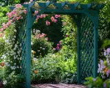 Zielona pergola w ogrodzie, porośnięta kwitnącymi różami i innymi kwiatami.