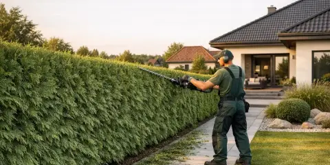Ogrodnik przycina żywopłot z tui, pokazując, jak przycinać tuje.