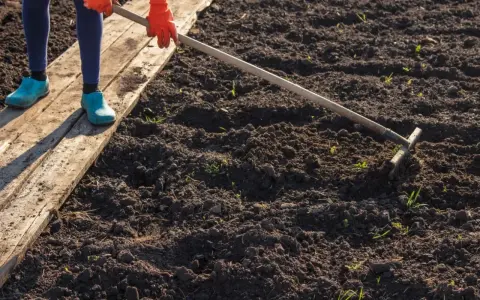 Osoba w pomarańczowych rękawiczkach i niebieskich kaloszach grabi ziemię, przygotowując ją do sadzenia. To pierwszy krok, by dowiedzieć się, jak odkwasić glebę.