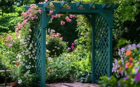 Zielona pergola w ogrodzie, porośnięta kwitnącymi różami i innymi kwiatami.
