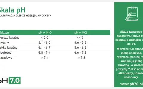 Tabela pH gleby: bardzo kwaśna (<5,0), kwaśna (5,1-6,0), lekko kwaśna (6,1-6,7). Rośliny nie lubiące kwaśnej gleby wymagają innych warunków.