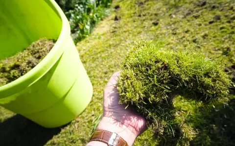 Ręka trzyma kępę mchu i trawy, przygotowując się do wyrzucenia jej do zielonego pojemnika. To część procesu, jak pozbyć się mchu z trawnika.