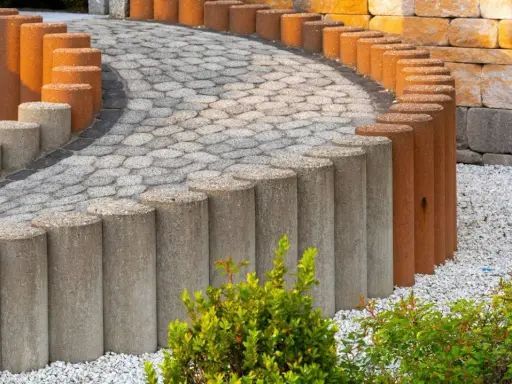 Betonowe słupki, z których można zrobić palisadę ogrodową, tworzą łuk wzdłuż ścieżki z kostki brukowej.