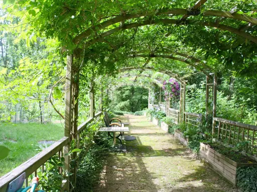 Drewniana pergola porośnięta zielenią, z ławką i stołem, prowadząca przez ogród.