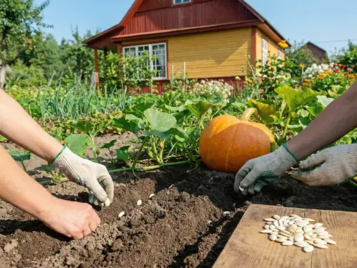 Ręce w rękawiczkach sadzą nasiona dyni do gruntu. Obok leży duża, pomarańczowa dynia. W tle dom i ogród.