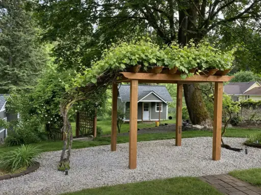 Drewniana pergola porośnięta winoroślą, idealna inspiracja, jak zrobić pergolę. W tle mały domek i zielony ogród.
