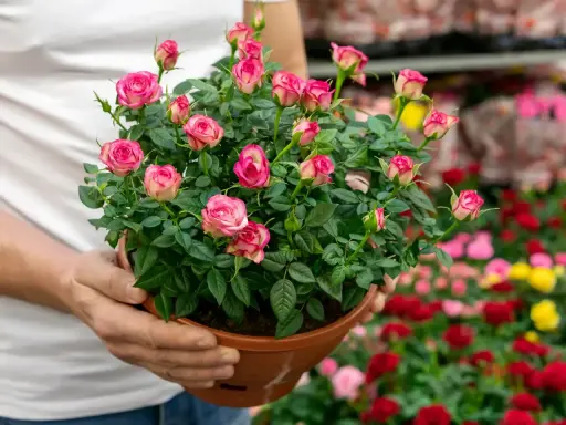 Różowe róże w doniczce, idealne do nauki jak przycinać róże w doniczce. W tle inne kwitnące róże.