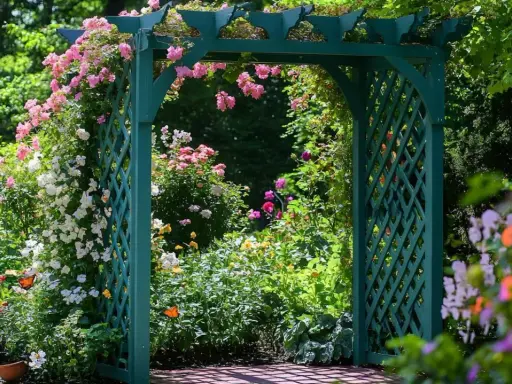 Zielona pergola w ogrodzie, porośnięta kwitnącymi różami i innymi kwiatami.