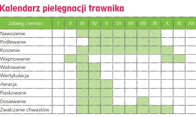 Kalendarz pielęgnacji trawnika: nawożenie od marca do października, podlewanie od kwietnia do września, koszenie od kwietnia do października.