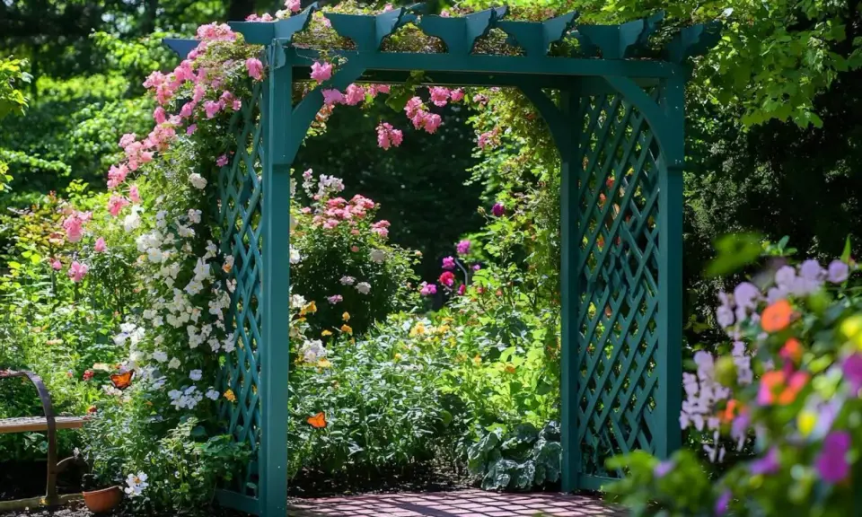 Zielona pergola w ogrodzie, porośnięta kwitnącymi różami i innymi kwiatami.
