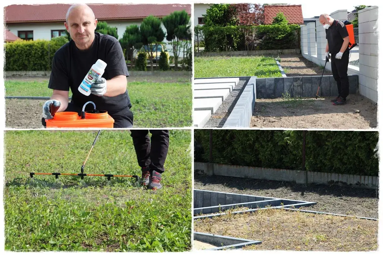 Mężczyzna przygotowuje opryskiwacz, by pokazać, jak wyrównać ziemię w ogrodzie. Widać też prace w ogrodzie i opryskiwanie trawnika.