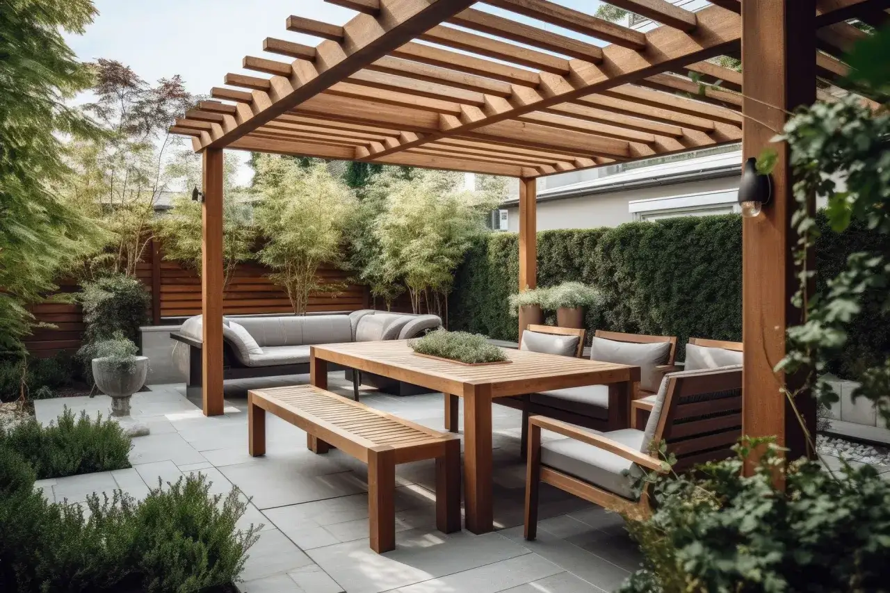 Nowoczesna pergola z drewna, idealna do ogrodu. Zobacz, jak zrobić pergolę i stworzyć strefę relaksu z meblami i roślinnością.